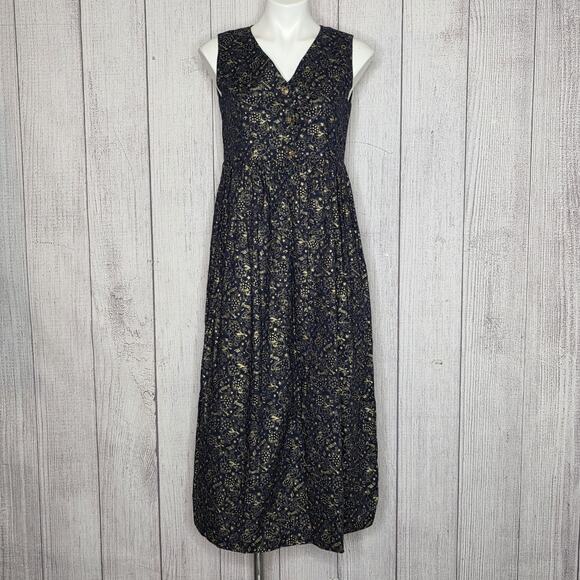 Vintage Dresses & Skirts - Vintage Handmade Angel Print Jumper Dress Blue Gold Maxi Cottagecore Folk Art